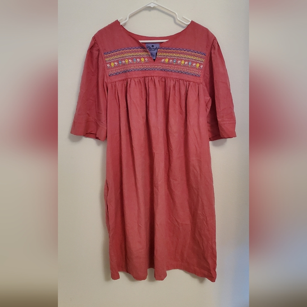 Chandio Women’s Pink Embroidered Floral House Dress Boho Cottagecore Peasant